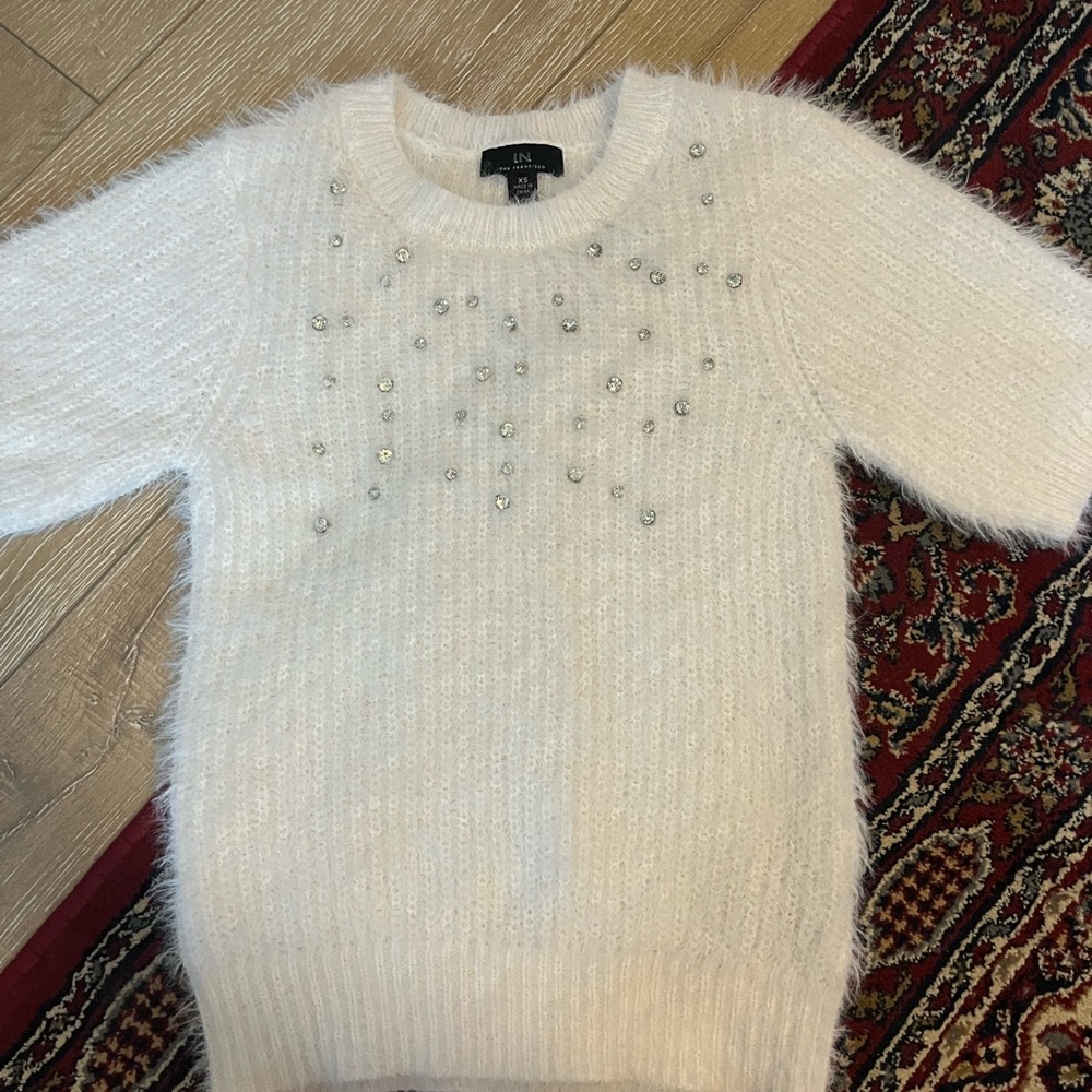 White Sweater with Silver Rhinestone Accents